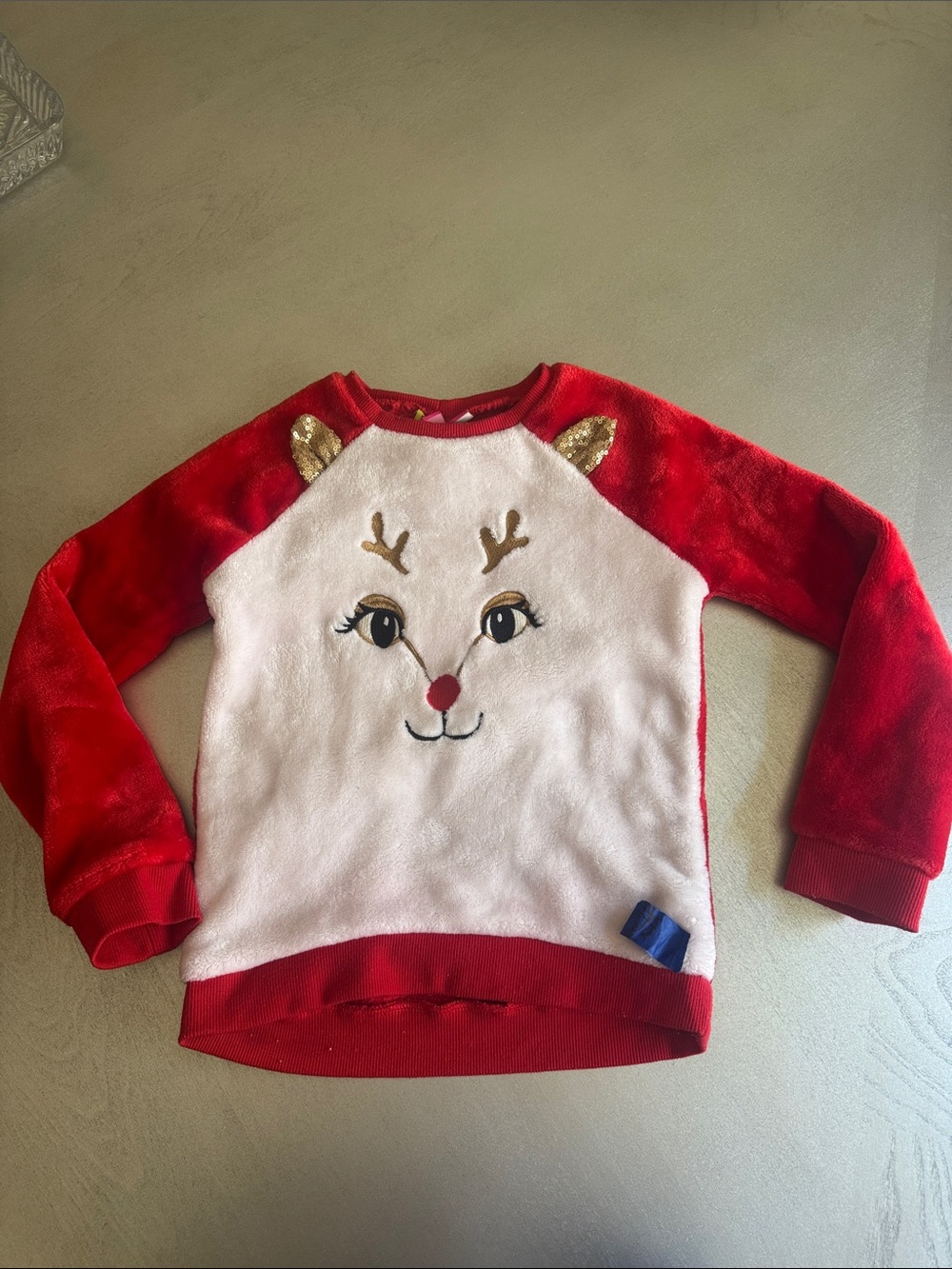 Penelope Mack Red & Cream Reindeer Face Holiday Sweatshirt